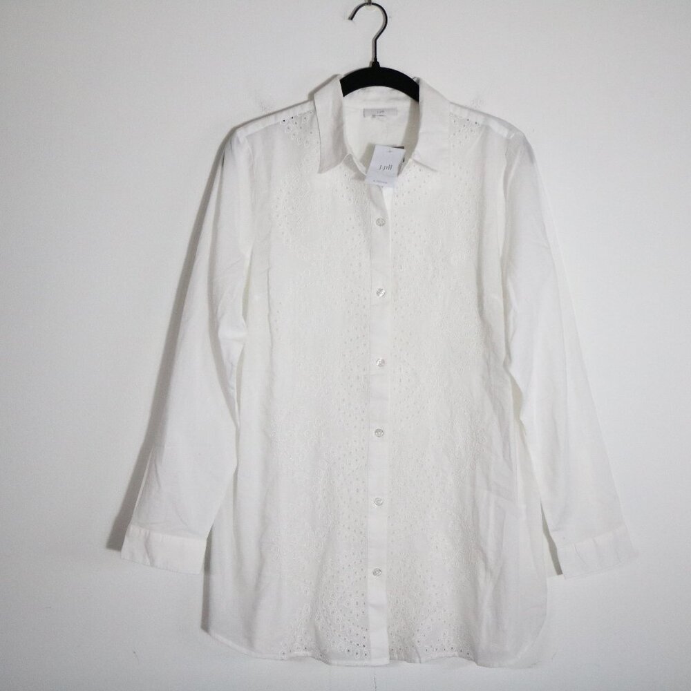 J Jill Eyelet‎ Front Button Down Tunic Blouse Women S White Cotton Boho Neutral